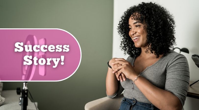 Job success story visual of young woman vlogging at home