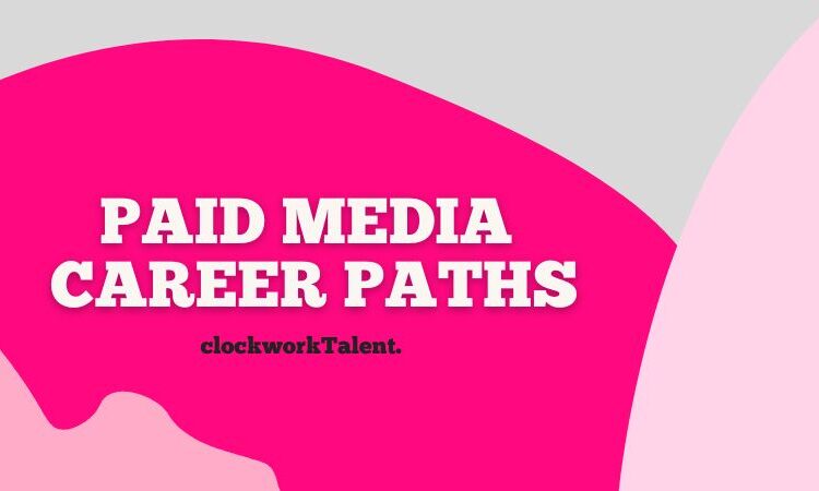 "paid media career paths" on a light/dark pink and grey background